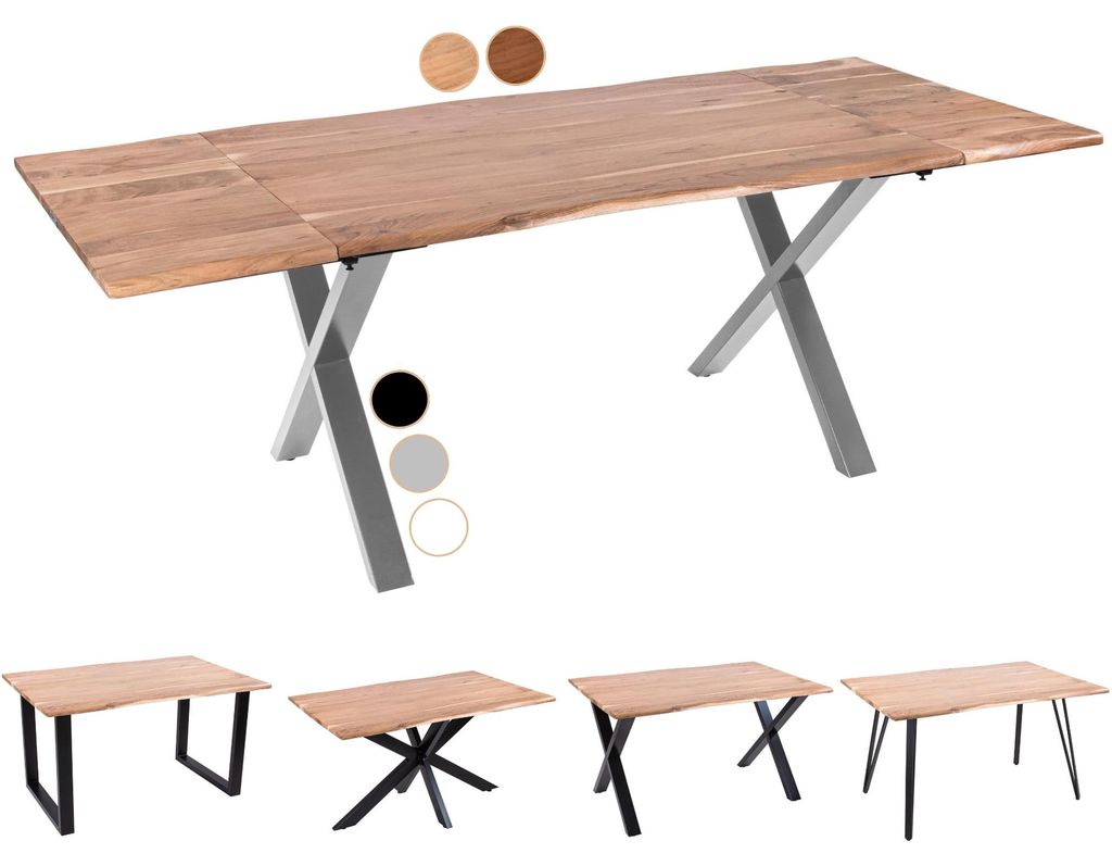 Baumkantentisch 120 (200) x 90 cm Avino, Akazienholz naturfarben & massiv, Esszimmertisch mit 2 Ansteckplatten, Silbernes X-Metallgestell, Esstisch...