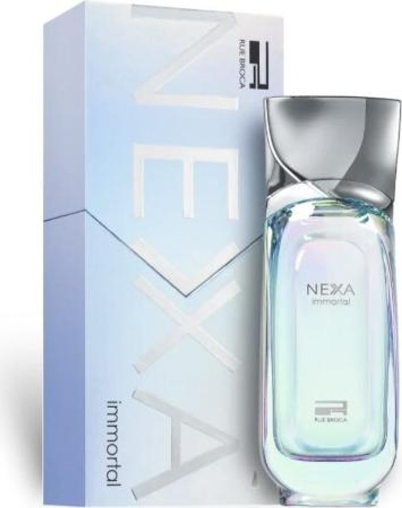 A perfume bottle and its packaging are displayed against a white background.