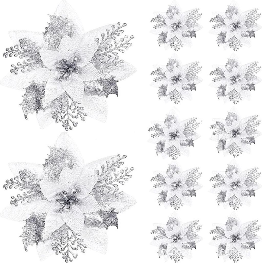 12 Stück glitzernde Weihnachtssterne, Weihnachtsschmuck mit Clips, Stielen, künstliche Blumen für Weihnachtsbaum, Hochzeit, Party, Kranzdekoration