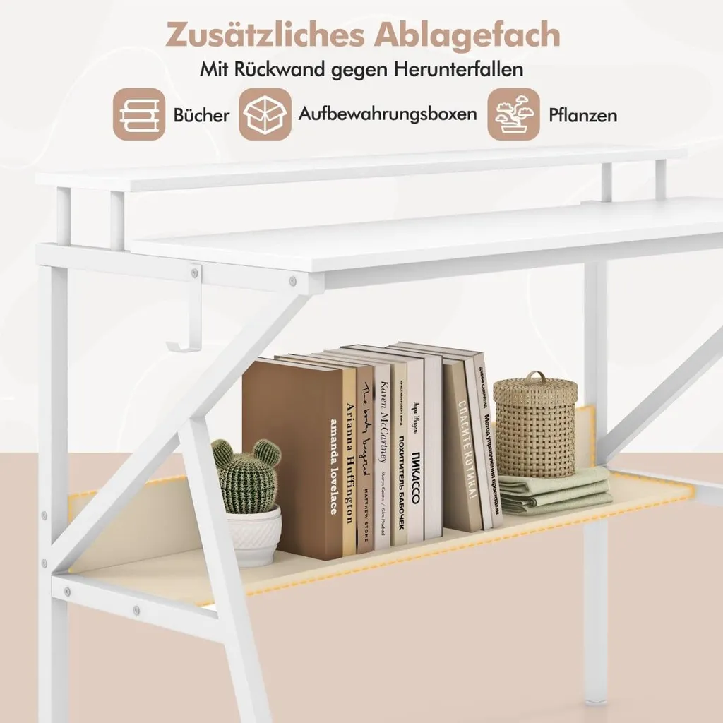 Bureau blanc ergonomique 100 cm avec étagère et support moniteur fixe - 4