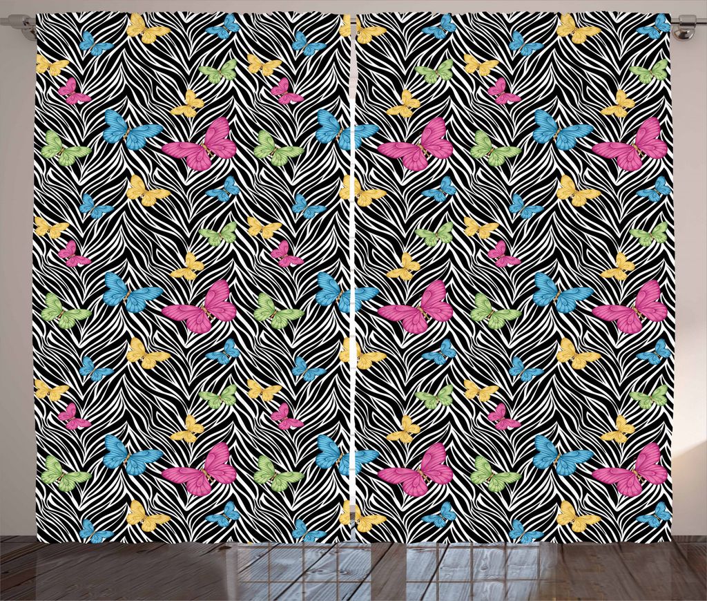ABAKUHAUS Bunt Rustikaler Vorhang, Schmetterlinge auf Zebra, Wohnzimmer Universalband Gardinen mit Schlaufen und Haken, 280 x 245 cm, Blau Gelb Rosa
