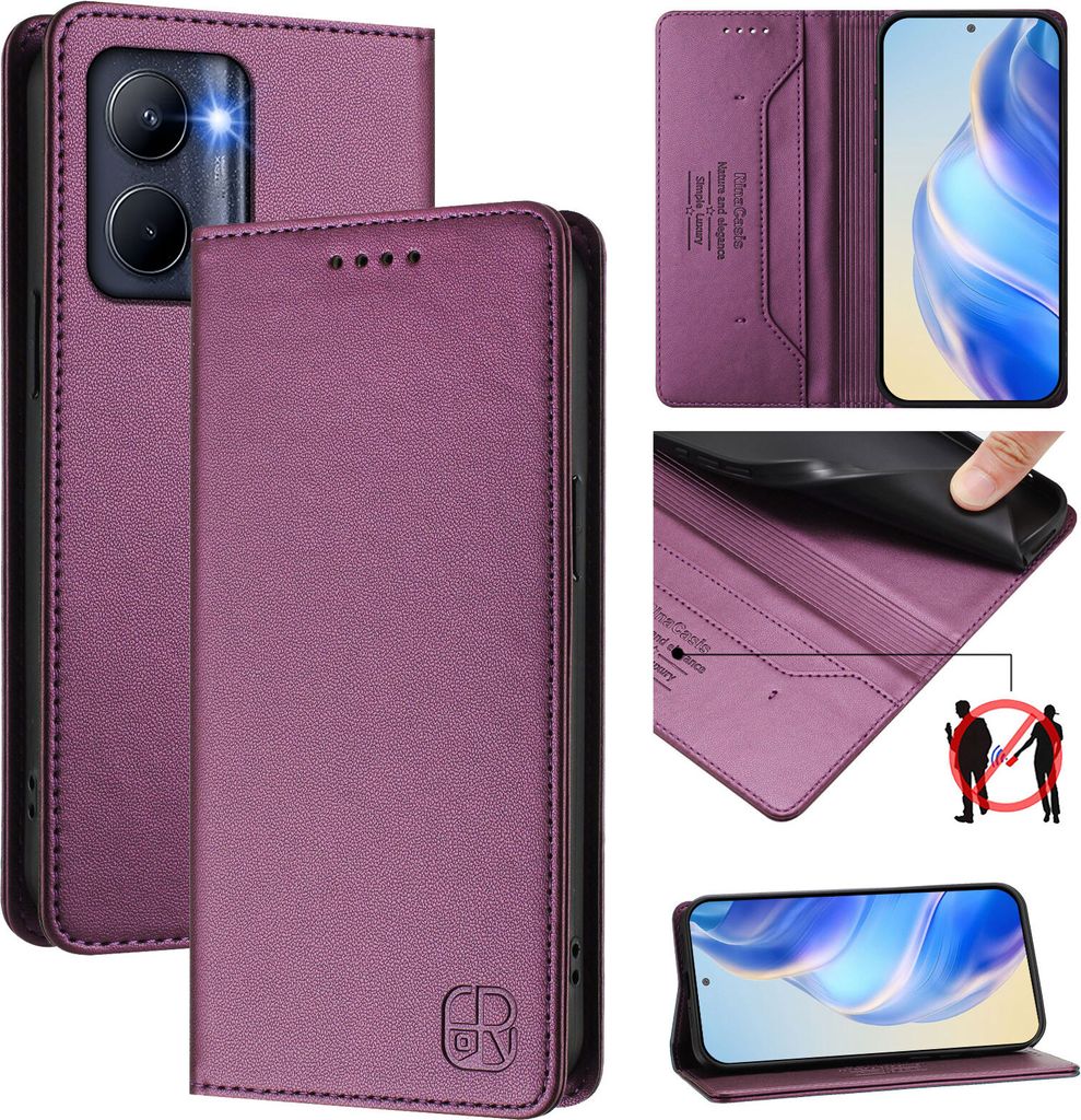 Lederhülle für Realme C33 Hülle Flip Brieftasche Kartenfächern Ständer Schutzhülle Lila