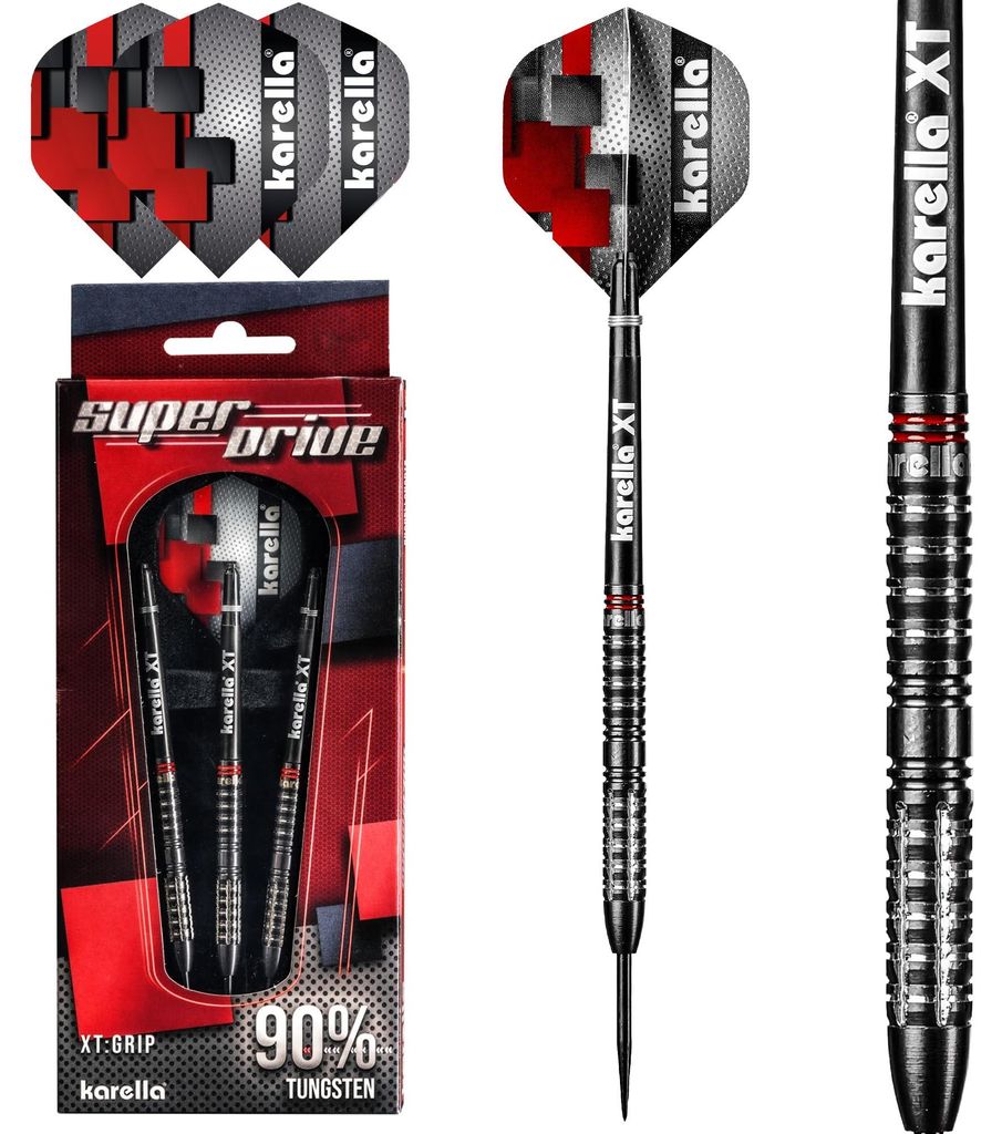 Karella SuperDrive 90% Tungsten Steeldart, 24g, für klassische Dartscheibe, 3 Dartpfeile mit Metallspitze, Dartboard, Wolfram, Profidart mit Fligh...