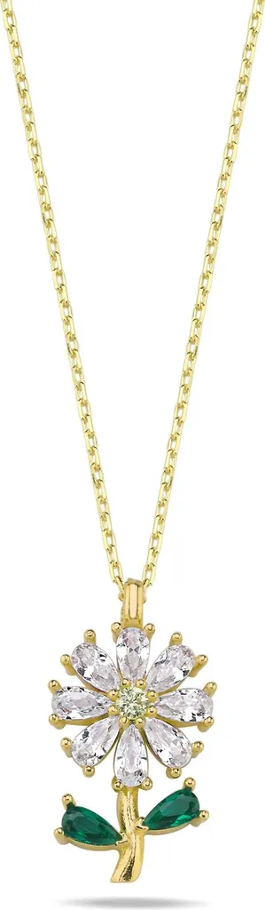 Collier argent 925 doré anti-allergie avec pendentif fleur verte et blanc