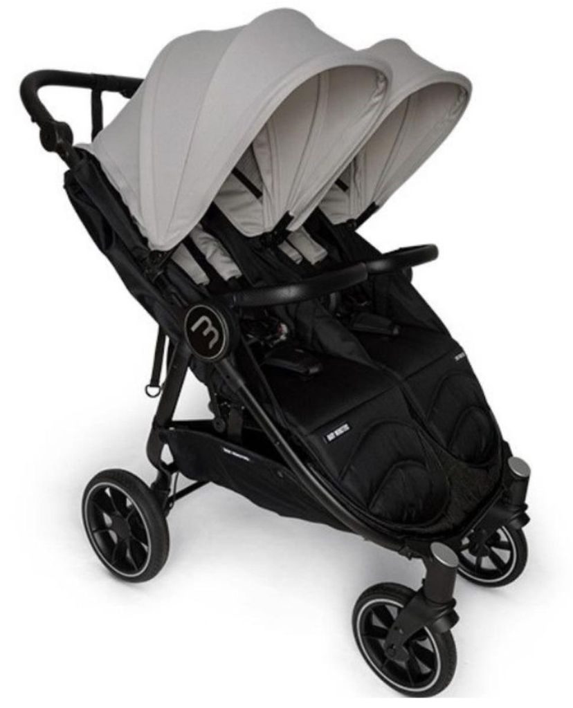 Baby Monsters Easy Twin 4 Stone Zwillingswagen, kompakter Geschwisterwagen mit Liegeposition, XL-Verdeck und Federung