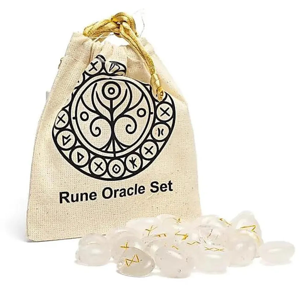 Pierres de Rune de Divination en Cristal de Roche et Pochon de Rangement