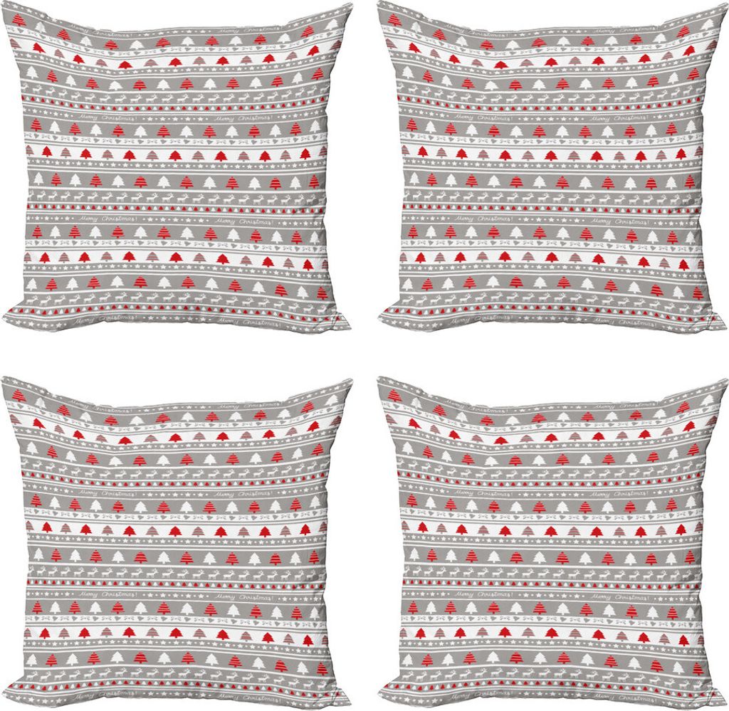 ABAKUHAUS Weihnachten Kissenbezug Set (4 Stück), Deer Bäume Borders, Moderner Doppelseitiger Digitaldruck, 50 cm x 50 cm, Grau, Weiß und Rot