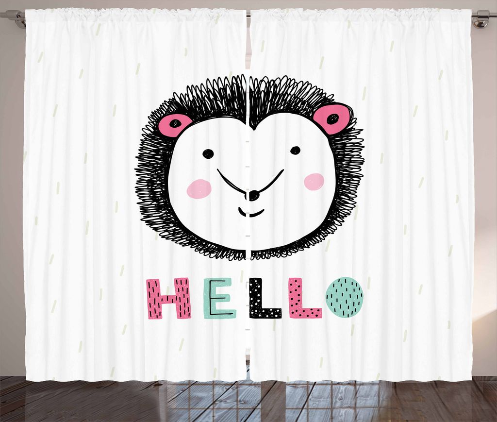 ABAKUHAUS Igel Rustikaler Gardine, Skizziert Tier, Schlafzimmer Kräuselband Vorhang mit Schlaufen und Haken, 280 x 175 cm, Rosa Babyblau und Schwarz