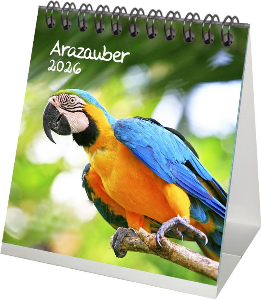 Arazauber Tischkalender 10cm x 10cm für 2026 Ara Papageien - Geschenkset Inhalt: 1x Kalender 1x Weihnachtsanhänger 1x Grußanhänger (gesamt 3 Te...