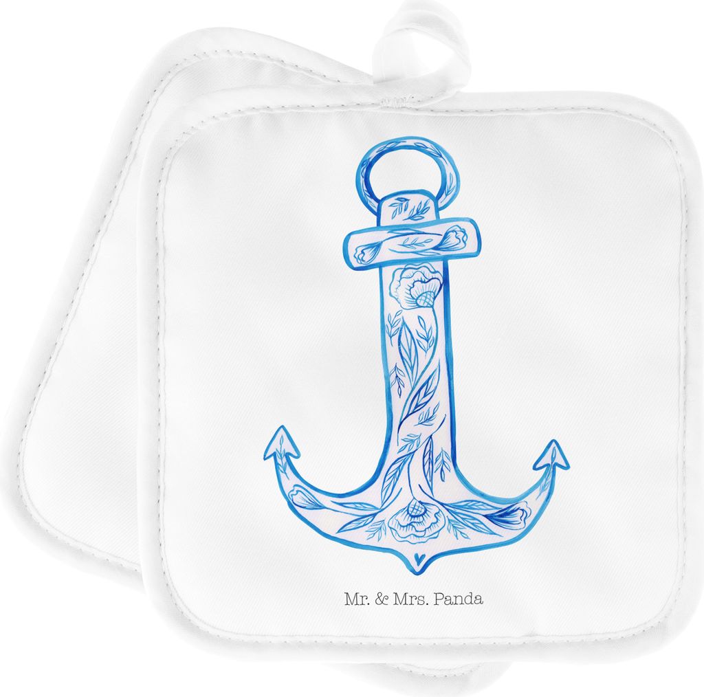 Mr. & Mrs. Panda Topflappen Anker Blau - Weiß - Geschenk, Topfuntersetzer, Ofenlappen, Kochlappen, Tiermotive, Set, topfhalter