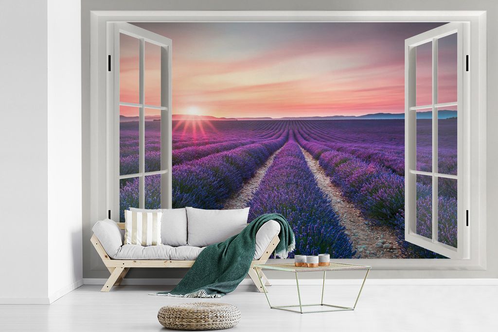 MuchoWow Fototapete für Wohnzimmer oder Schlafzimmer Wandtapete Vinyl Motivtapete Vista - Sonnenuntergang - Lavendel - 600x400 cm - Vinyltapeten