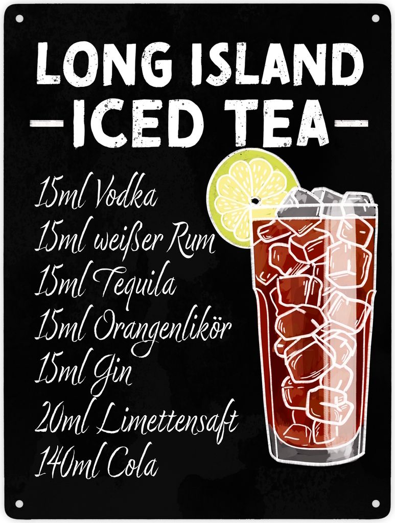 Metallschild XXL in 28x38 cm mit Cocktailrezept für Long Island Iced Tea