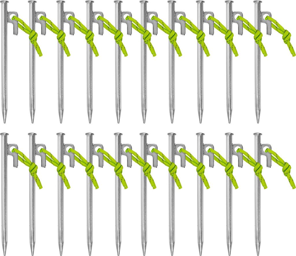 Zelthering 20 Stk. 20 cm mit P-Haken und einem Stück fluoreszierender Leine - stabiler Hering aus verzinktem Stahl, 9 mm Ø, für harten Boden, Ca...