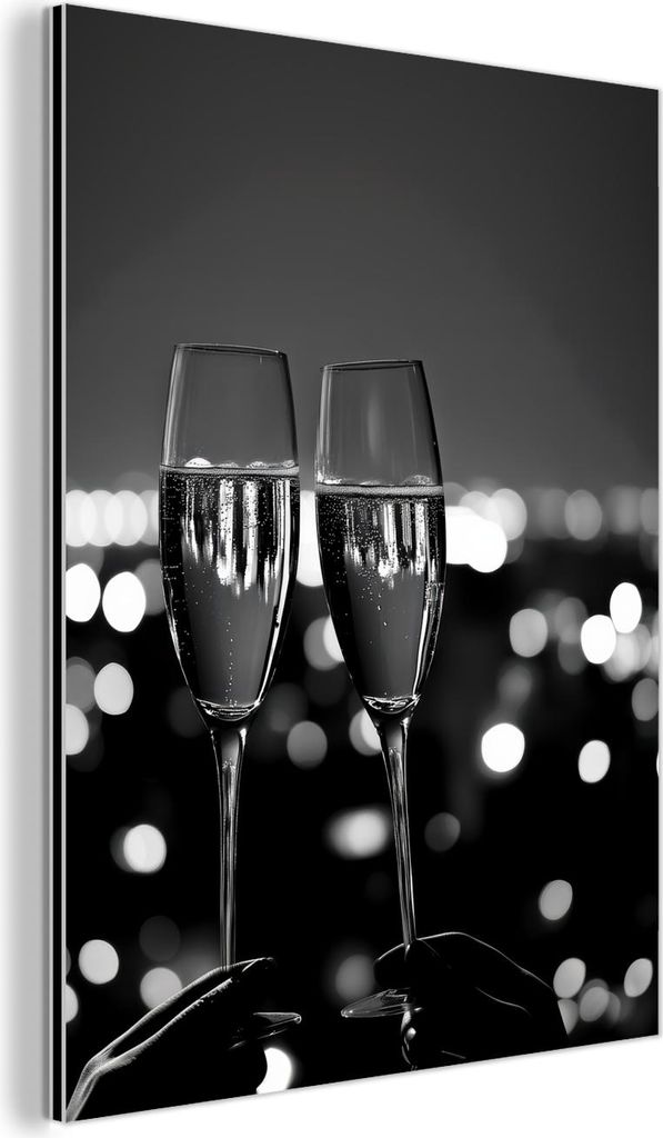 MuchoWow Wanddekoration Metall Metallbild Wandkunst 30x40 cm Seifenblasen - Prost - Champagnergläser - Lichter der Stadt MuchoWow Aluminium Gemäl...