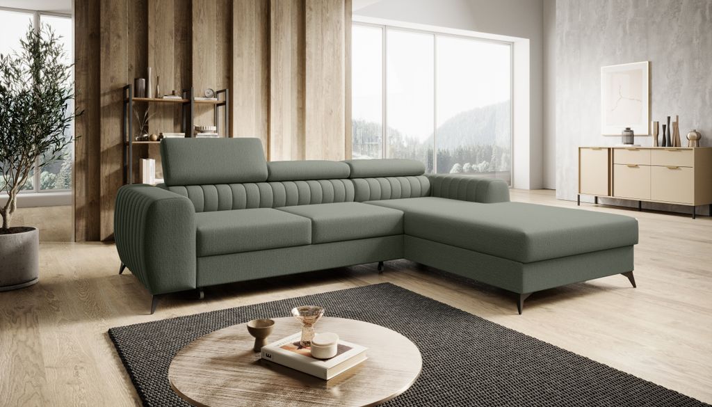 Ecksofa MONE mit einstellbare Kopfstützen und Schlaffunktion, Farbe Grau Vogue 11 Velour Stoff , Couchgarnitur, Sofagarnitur, Schlafsofa, Wohnzimm...