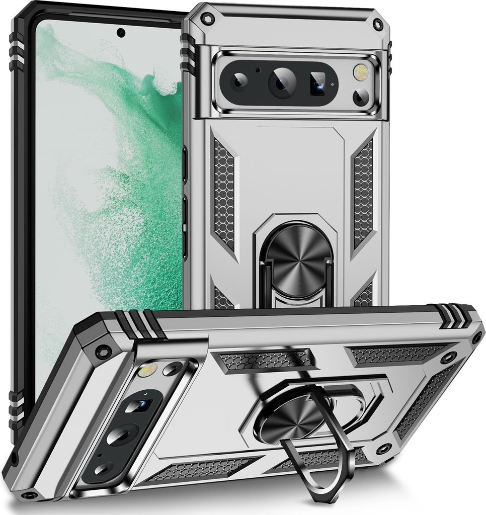 Schutzhülle für Google Pixel 8 Pro Dual Layer Robust Militäre Fallschutz Hülle mit Ringhalterung Ständer Silber