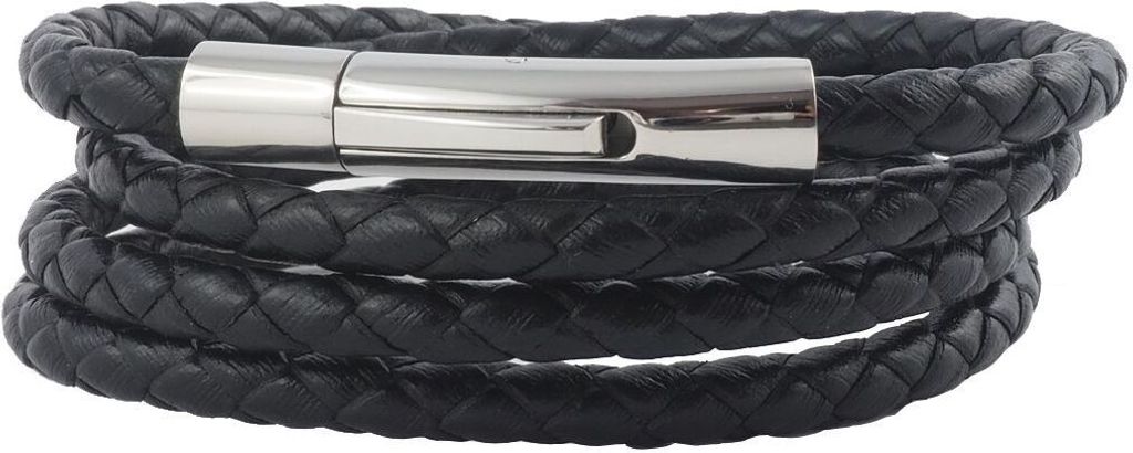 Lederkette Lederband 6 mm Herren Halskette schwarz 17-100 cm lang mit Hebeldruck Verschluss Silber geflochten, Länge:25 Zentimeter