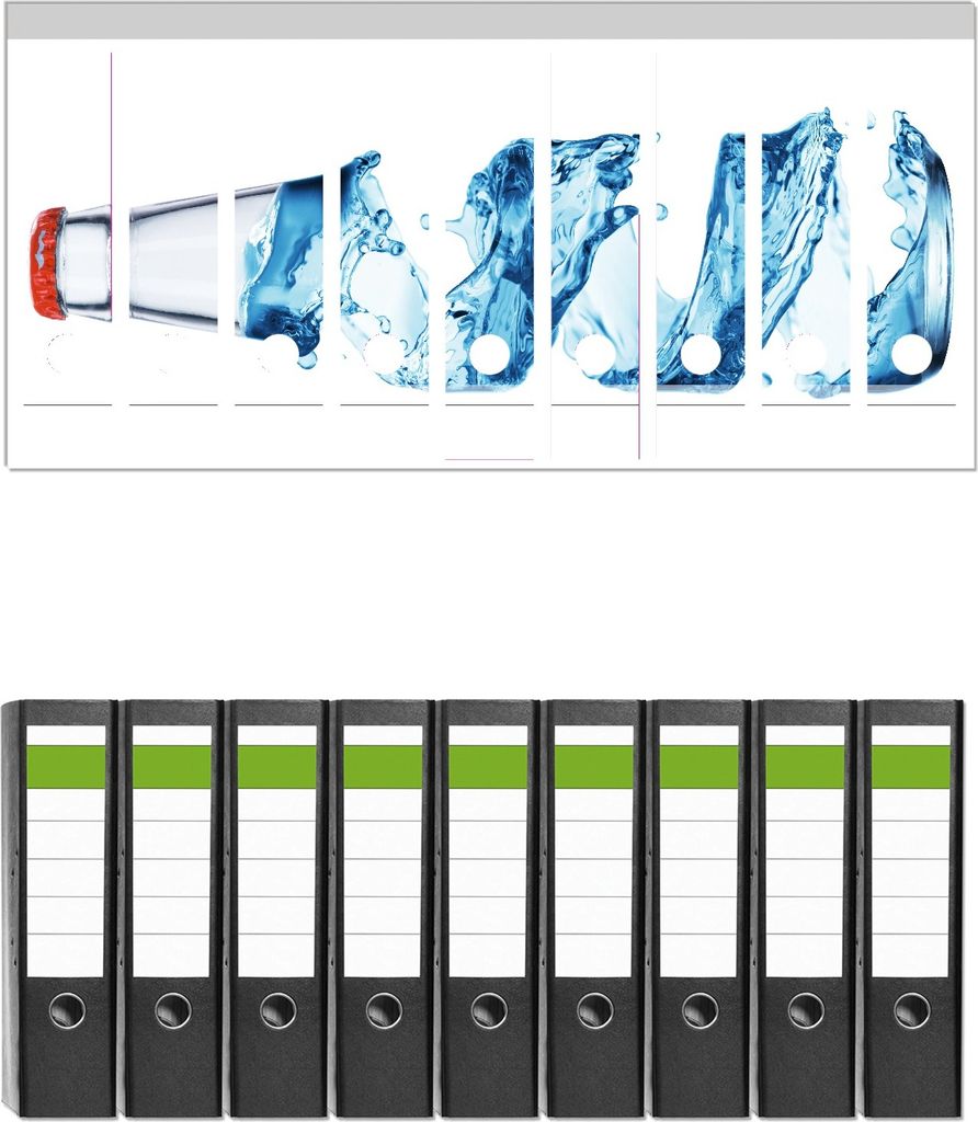 Wallario 9 Stück breite Ordner inkl. Klebeetiketten mit Motive Strudel in der Wasserflasche - Set mit Rückenschildern / Ordnerrücken Stickern