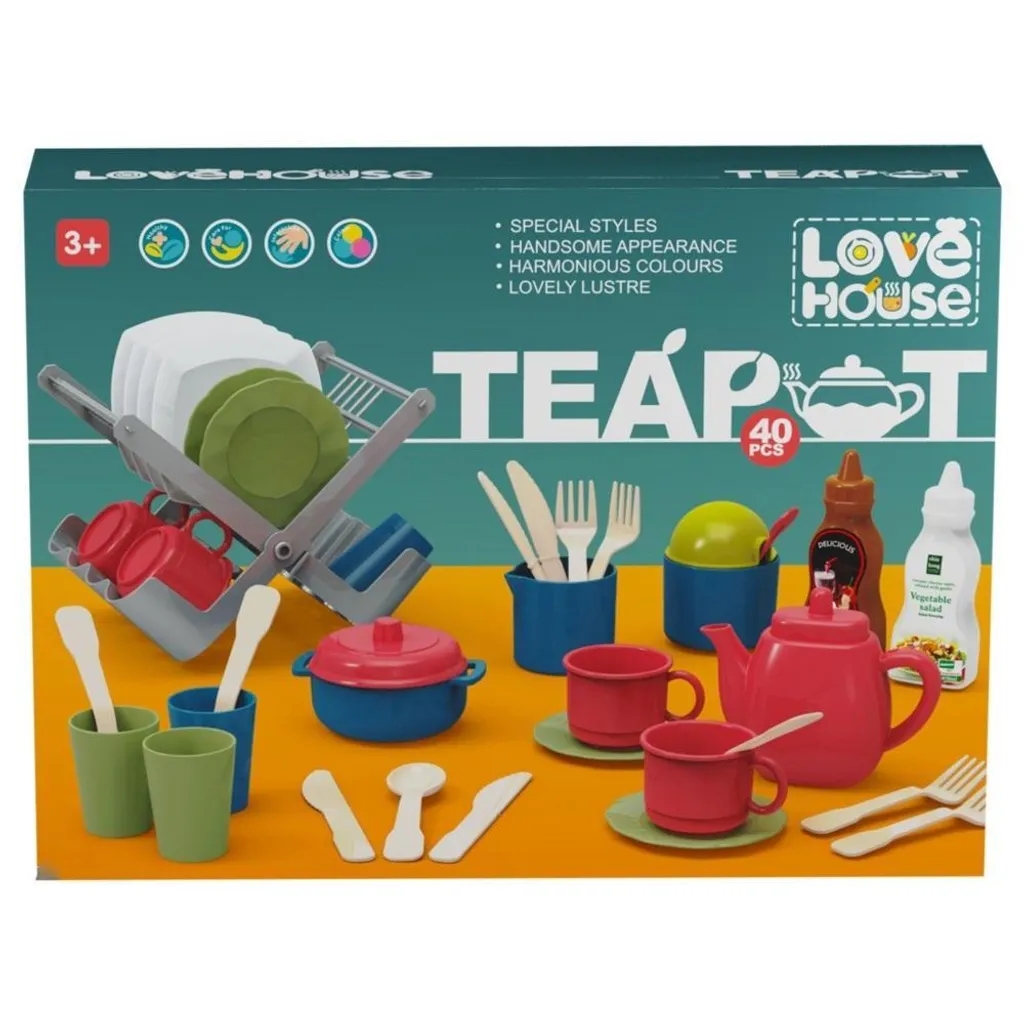 Cuisine jouet 40 pièces multicolores avec théière et set de cuisson