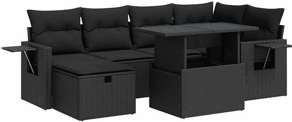 7-tlg. Gartenmöbel-Set, Sofa-Garnitur mit Stauraum, Poly Rattan Schwarz, modular, UV-beständig, Hartglas-Tisch, abnehmbare Kissenbezüge
