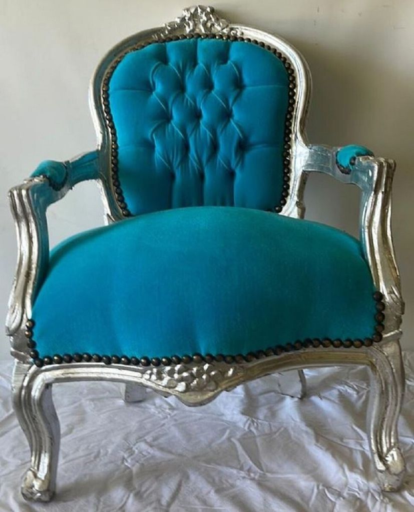 Casa Padrino Barock Kinder Stuhl mit Armlehnen Türkis / Silber - Handgefertigter Antik Stil Stuhl - Barock Kinder Möbel - Barock Kinderzimmer Möbel