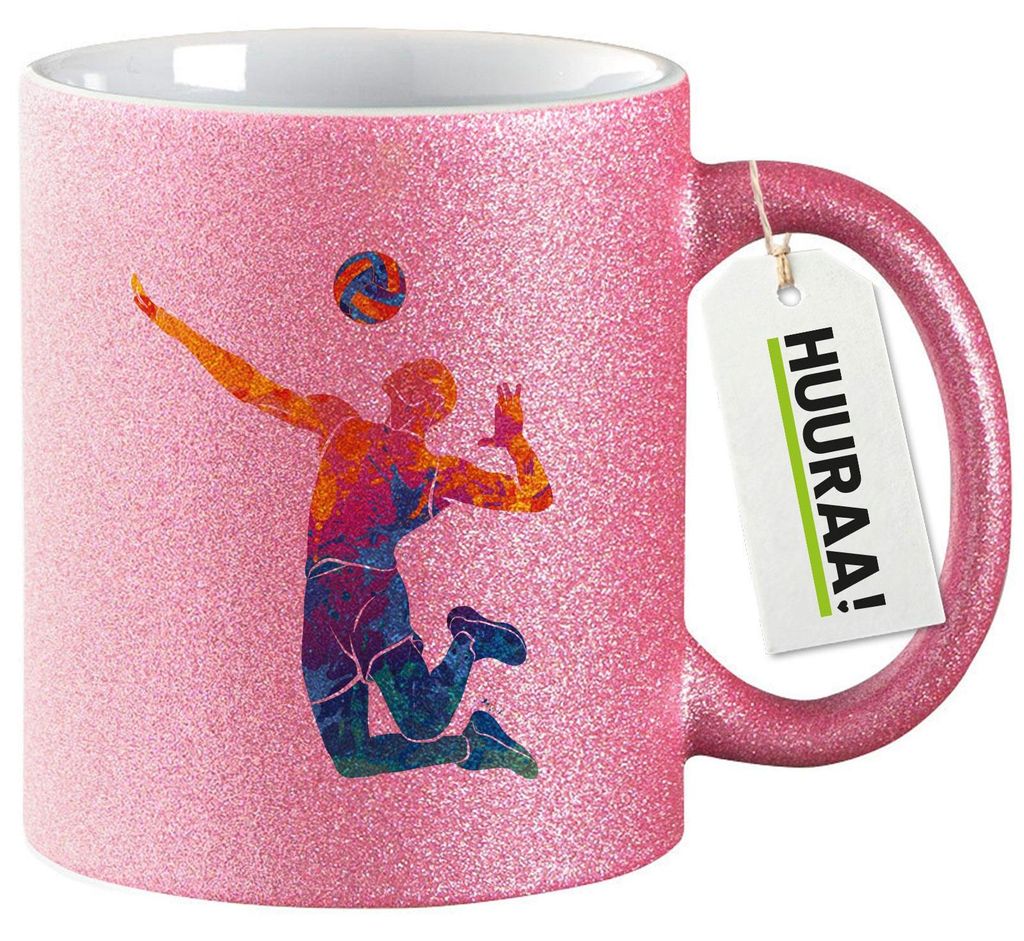 Huuraa Glitzertasse Volleyballer bunte Silhouette 330ml Pink Keramik Kaffeebecher Geschenkidee