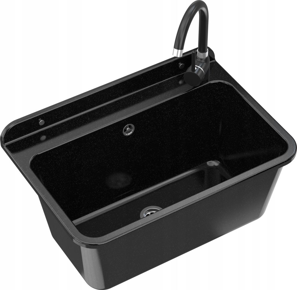 A black sink with a faucet, shown from a slightly elevated angle.