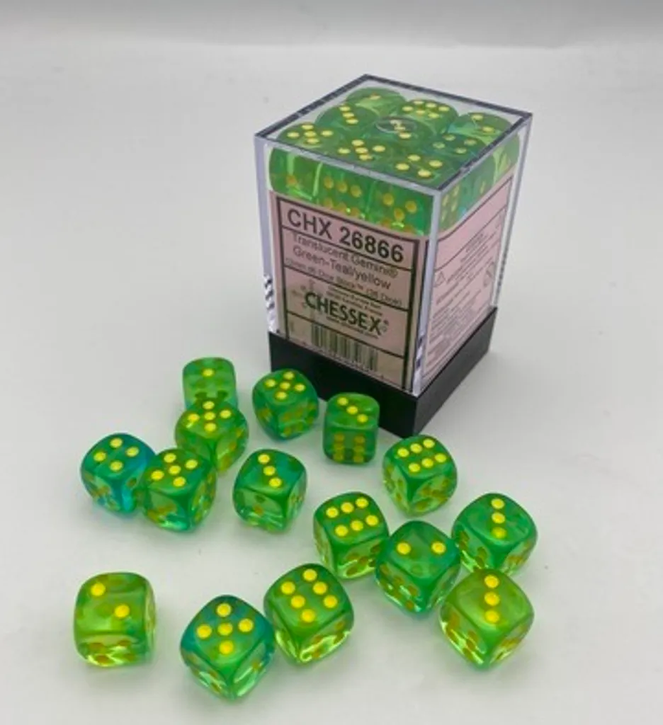 Dés Chessex Translucide Vert-Teal Jaune (36x D6) - 12mm petits