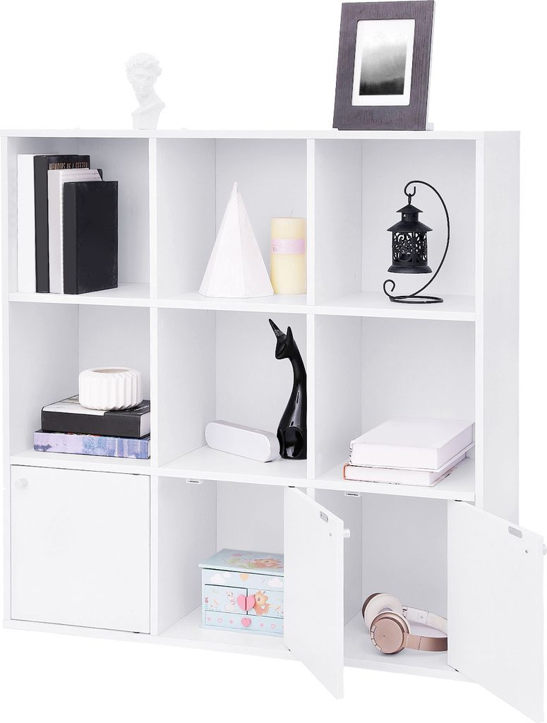 VASAGLE Bücherregal aus Holz weiß mit 3 Türen 97,5 x 30 x 97,5 cm freistehender Bücherschrank für Zuhause oder Büro Aufbewahrungsregal LBC33WT