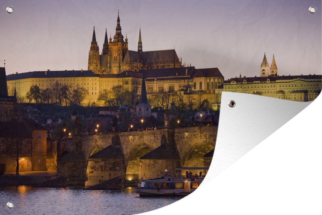 MuchoWow 120x80 cm Outdoor-Poster Gartendeko Sichtschutz Garten Poster für den Garten Prager Burg - Fluss - Abend