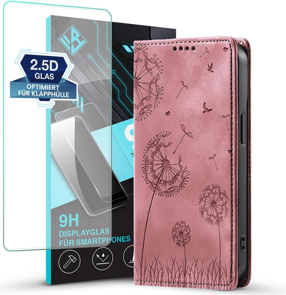 Handyhülle für Samsung Galaxy S25 RFID Schutz Klapphülle Case Cover Design Blume Pusteblume Schutzhülle mit 9H Displayglas Farbe: Rosa