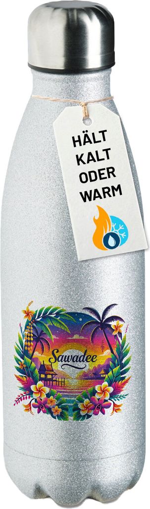 Huuraa Trinkflasche Sawadee thailändische Begrüßung 500ml Silver Edelstahl Wasserflasche Trinkflasche Geschenkidee