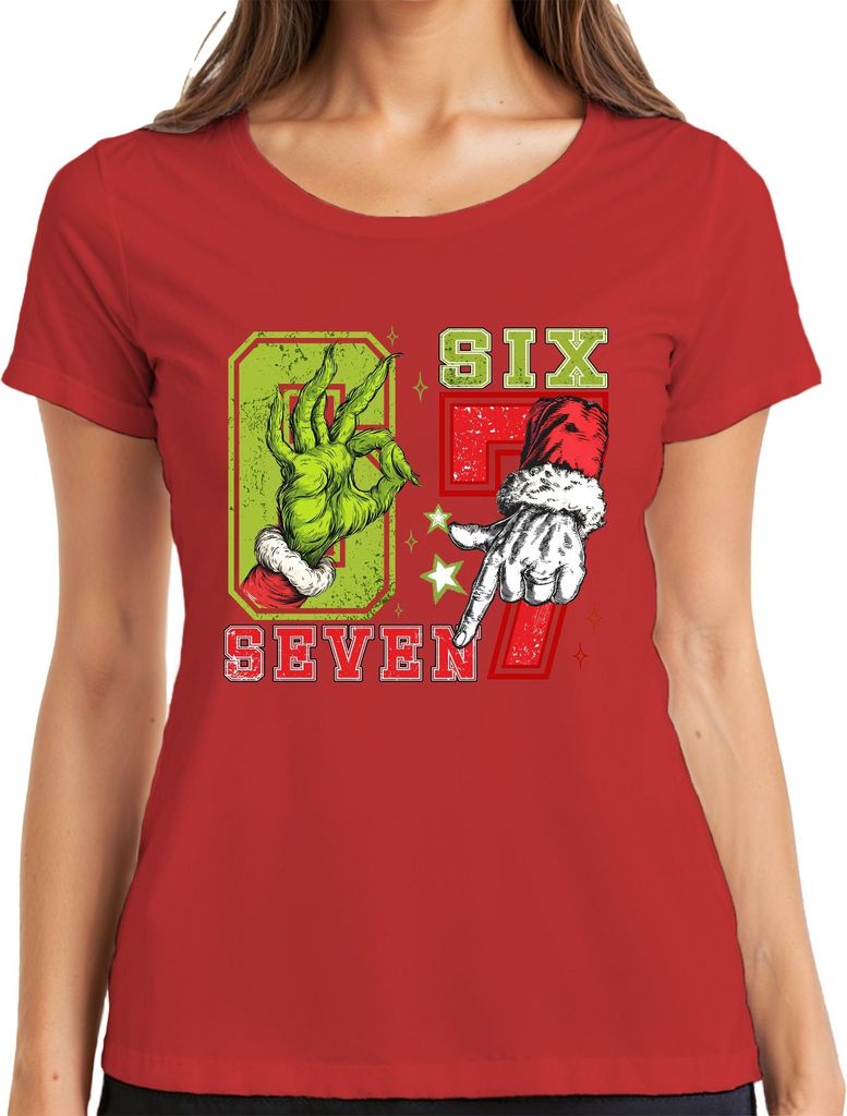 Grinch Hand Weihnachtsmann Six Seven 6 7 Meme Spruch Weihnachten Damen T-Shirt, Rot, M
