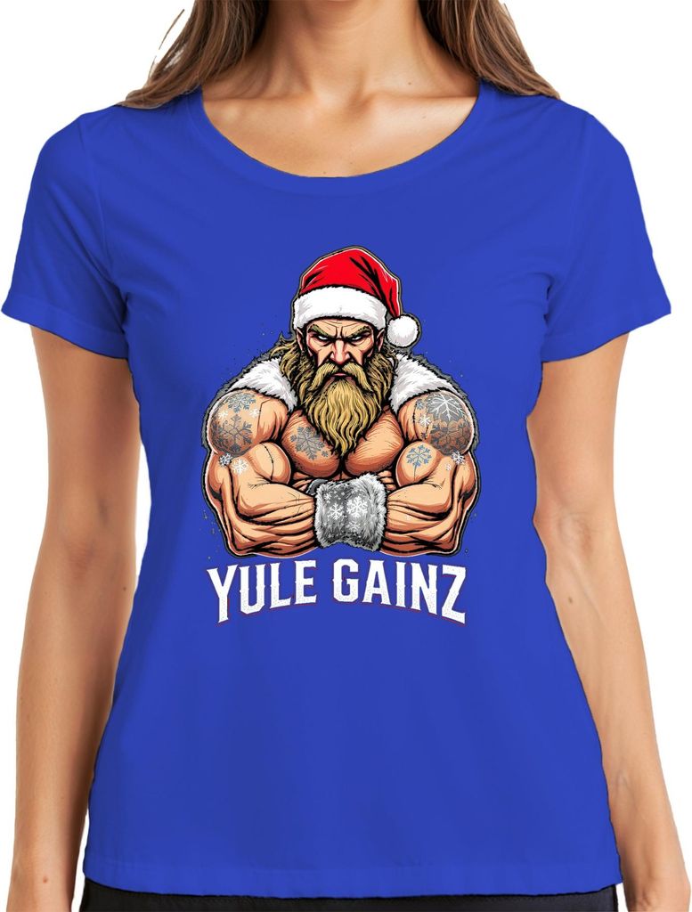 Yule Gainz Weihnachtsmann Muskel Fitness Geschenk Bart Lustig Damen T-Shirt, Blau, XL