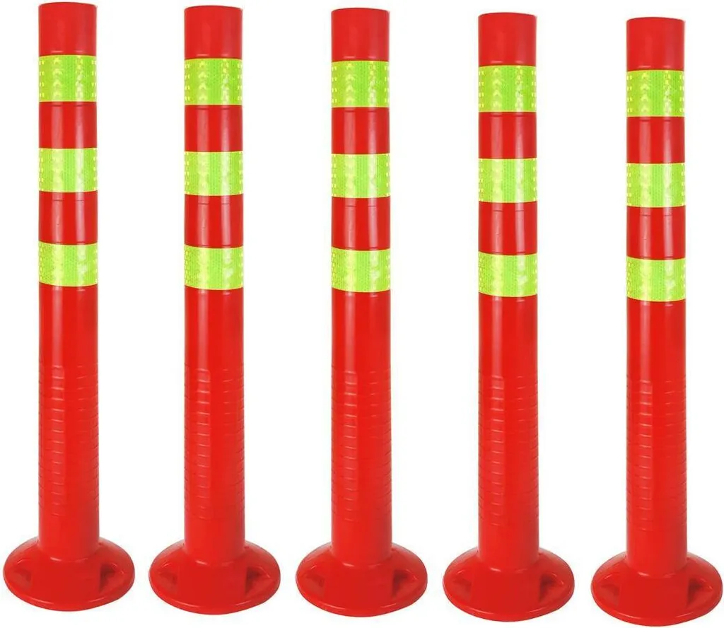 set di 5 - Paletti di sbarramento [altezza-68 cm] - Paletti di sbarramento in plastica riflettente | Barriera con base [fissaggio con viti] | Paletti di sbarramento | Paletti per parchi colore rosso | Paletti delimitatori | Dissuasori