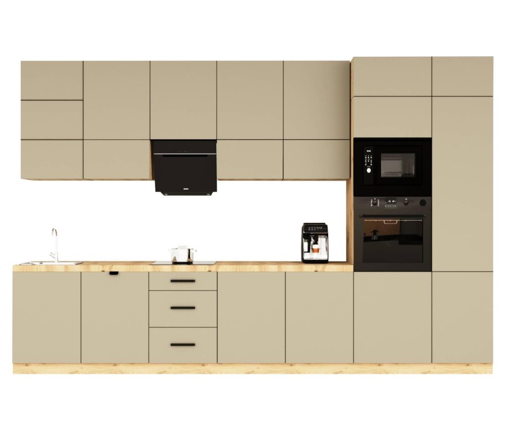 Küchenzeile 400 cm Exklusiv Einbauküche Küchenblock Ohne Arbeitsplatte , Langen KL21-M400, Beige/Matt