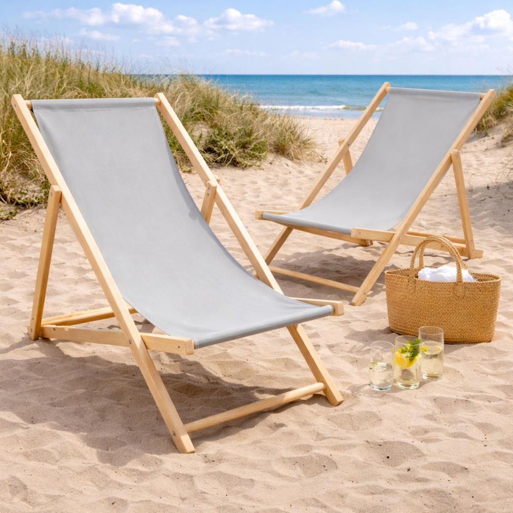 2er Set Liegestuhl Doppelpack Strandliege Liege Stuhl Strand Sonnenliege Gartenliege Klappstuhl Hellgrau