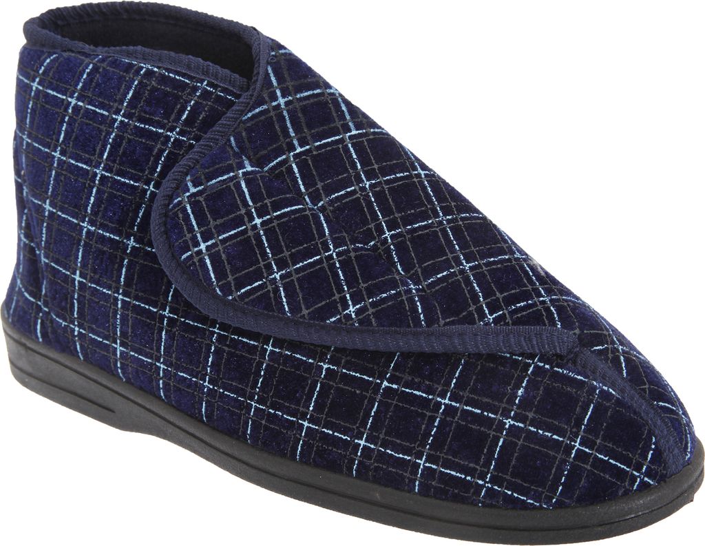 Zedzzz Herren Bertie Velours-Hausschuhe / Pantoffeln mit Klettverschluss, kariert DF841 (45 EUR) (Marineblau)