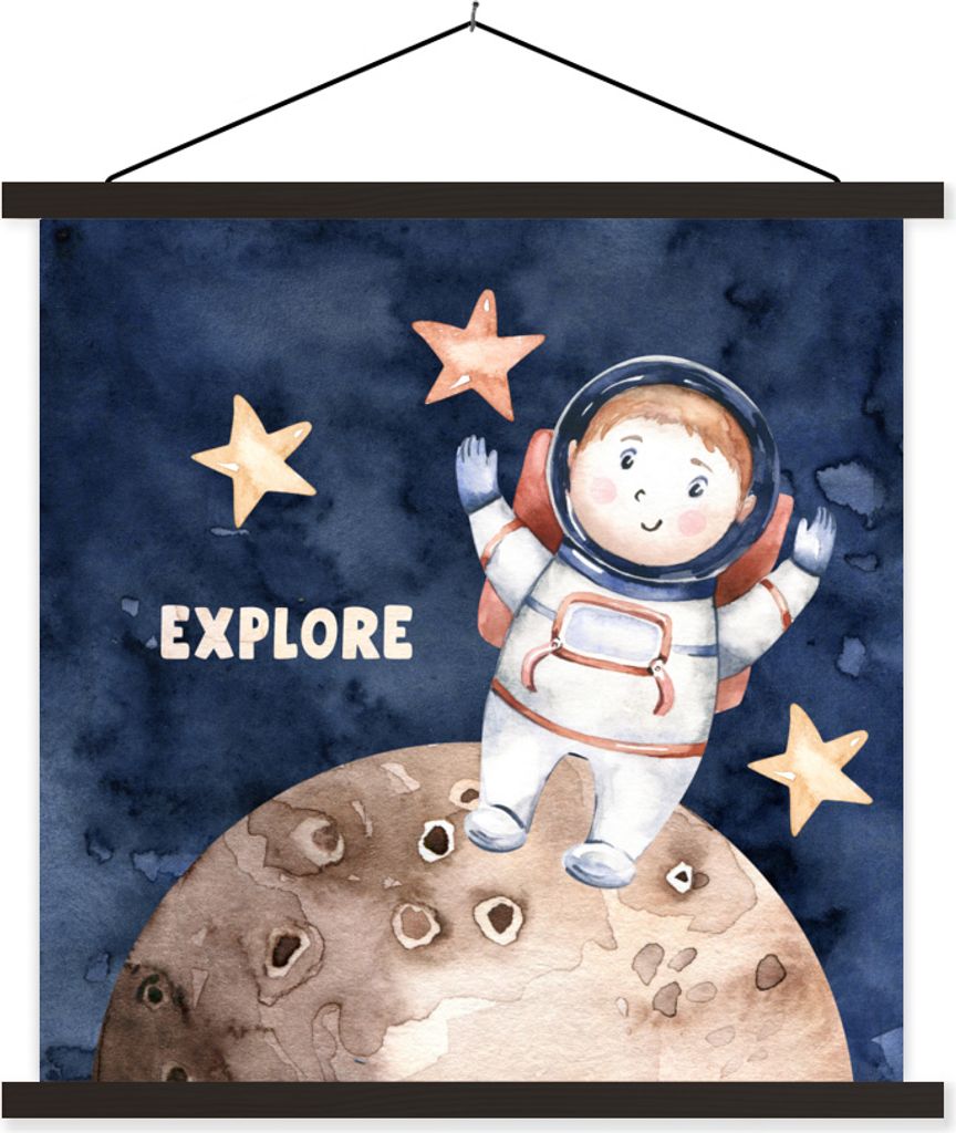 MuchoWow Textilposter Sprichwörter - Zitate - 'Erforschen' - Astronaut - Jungen - Mädchen - Kinder 40x40 cm mit schwarzem Rahmen - Fotos
