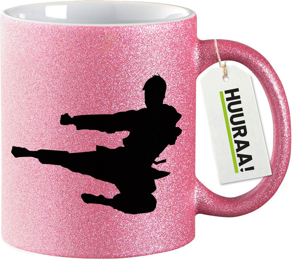 Huuraa Glitzertasse Karate Silhouette 330ml Pink Keramik Kaffeebecher Geschenkidee