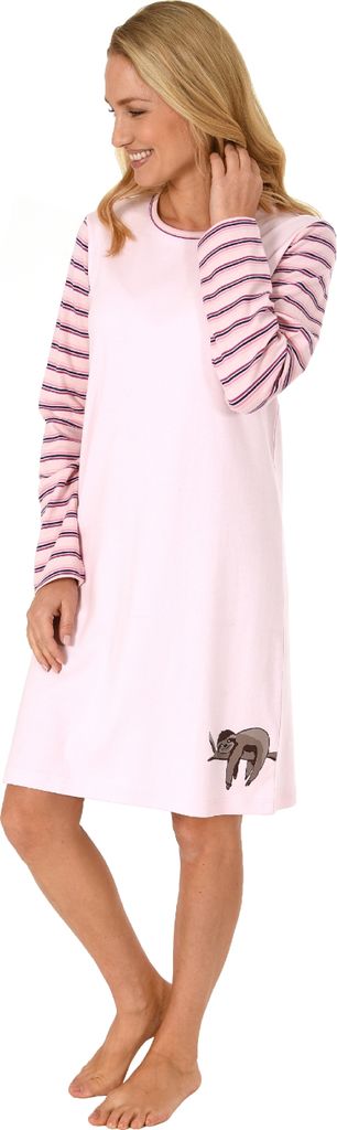 Damen Nachthemd langarm Kuschelinterlock - süsses Faultier Tiermotiv - auch in Übergrössen ; rosa , 48
