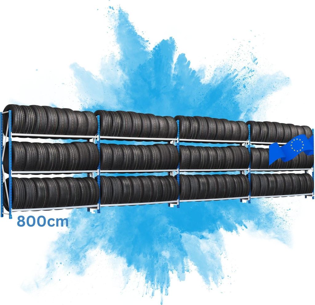 Mega Deal Reifenregal MAXIMUS Pro | HxBxT 200x800x50cm | 3 Ebenen | bis zu 36 Reifen pro Ebene | 140kg Fachlast | Lichtblau/Lichtgrau