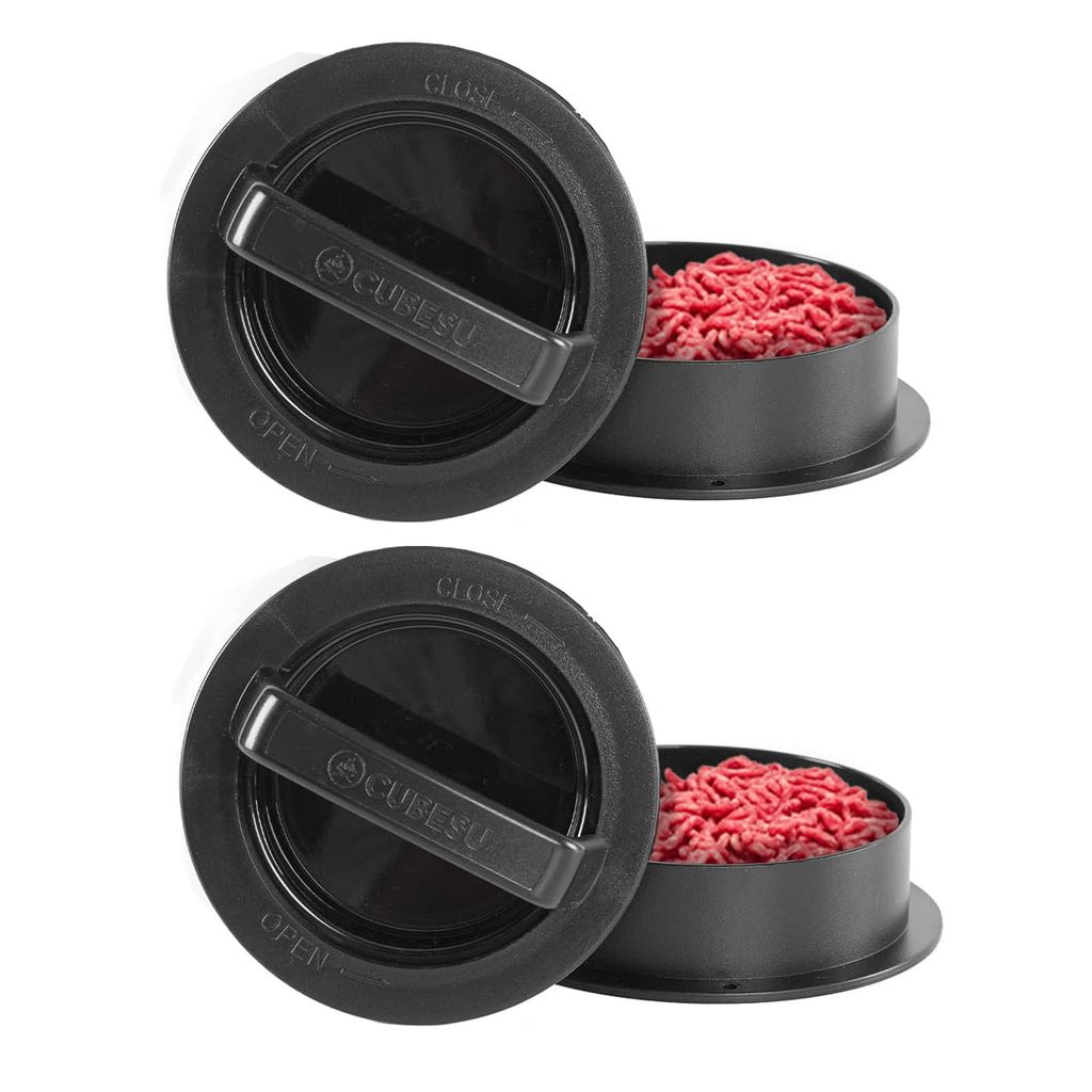 2x Cubesu Burgerpresse 3 Größen inkl. 75 Blatt Backpapier Burger Pattie Presse Hamburgerpresse auch für gefüllte Patties