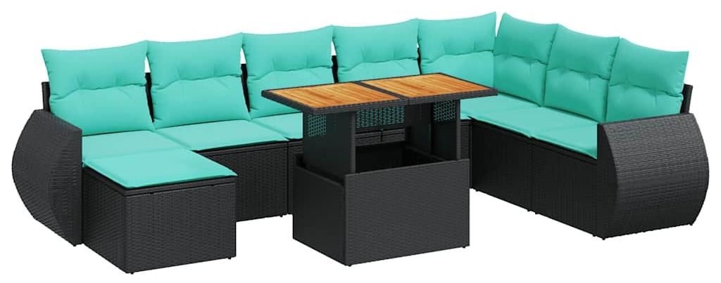 vidaXL 9-tlg. Garten-Sofagarnitur mit Kissen Schwarz Poly Rattan
