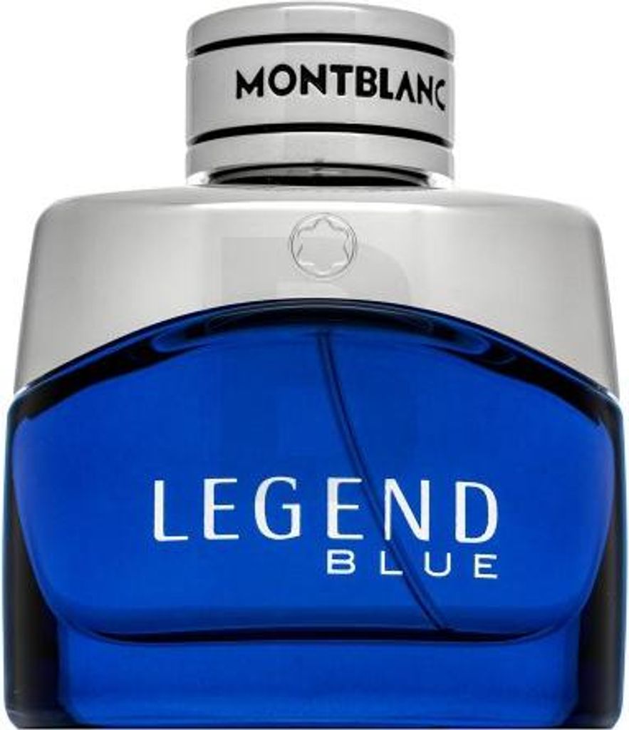 A studio shot of a Mont Blanc Legend Blue Eau de Parfum bottle.