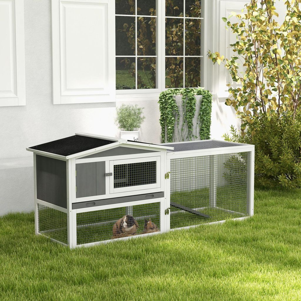 Kaninchenstall mit Asphaltdach, Kleintierstall Auslauf, Tannenholz massiv, Hellgrau | 156 x 58 x 68 cm | 0,92 m² Lauffläche | 14,1 kg