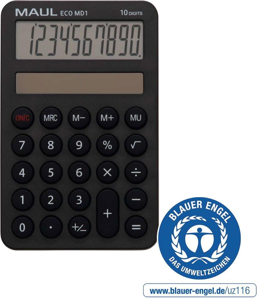 MAUL Taschenrechner ECO MD 1 LCD-Anzeige 1-zeilig, 10 Ziffern Solar 12 x 7.6 x 1.2 cm schwarz