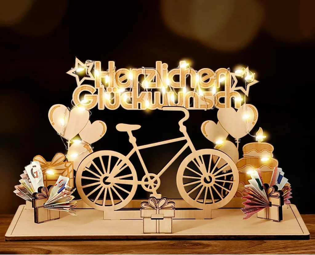 Cadeau d'argent vélo en bois livre d'or décoratif avec lumière LED