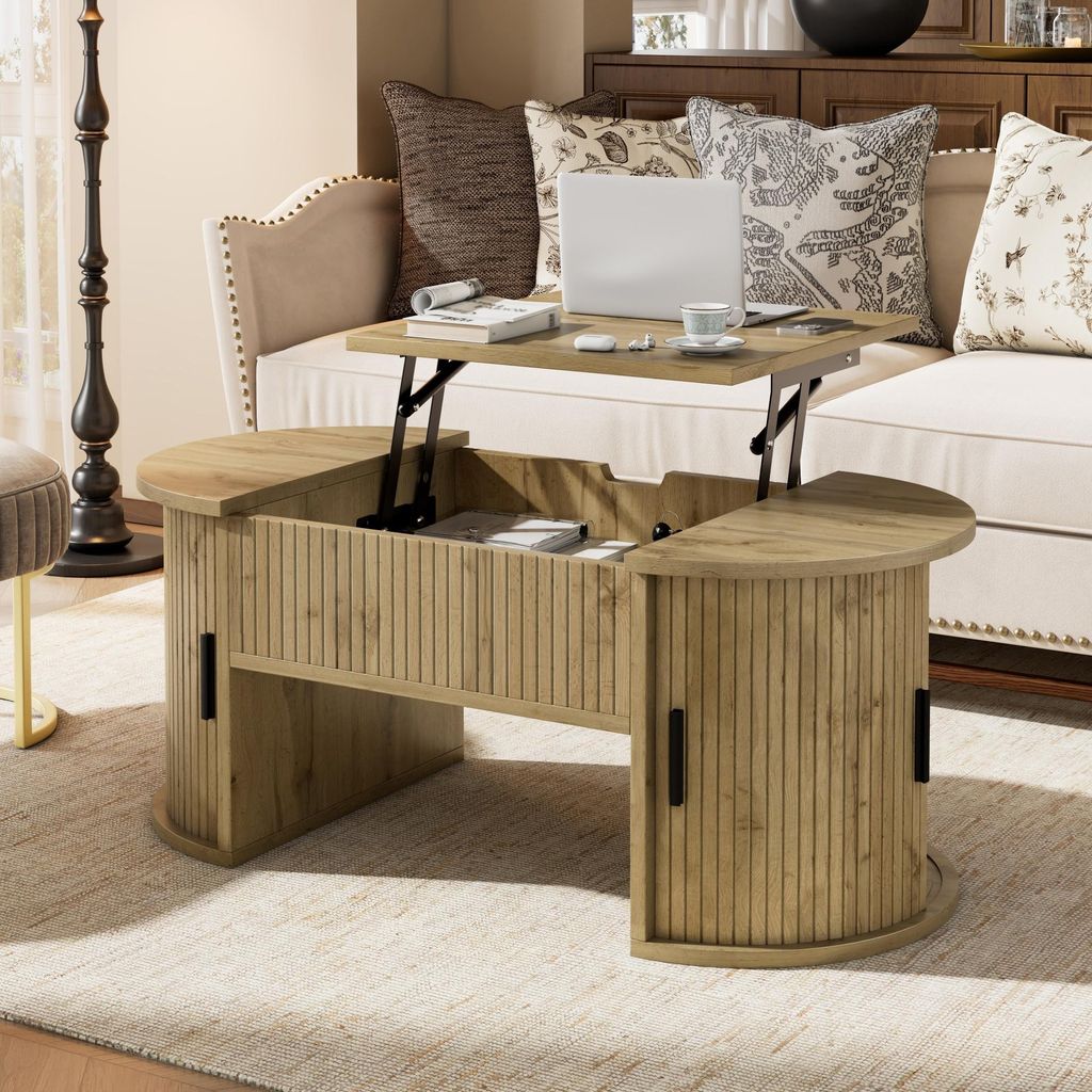 Merax Höhenverstellbarer Couchtisch mit Schiebetüren, Sofatisch mit Stauraum und offenen Regalen, Wohnzimmertisch aus MDF für Homeoffice, Natur