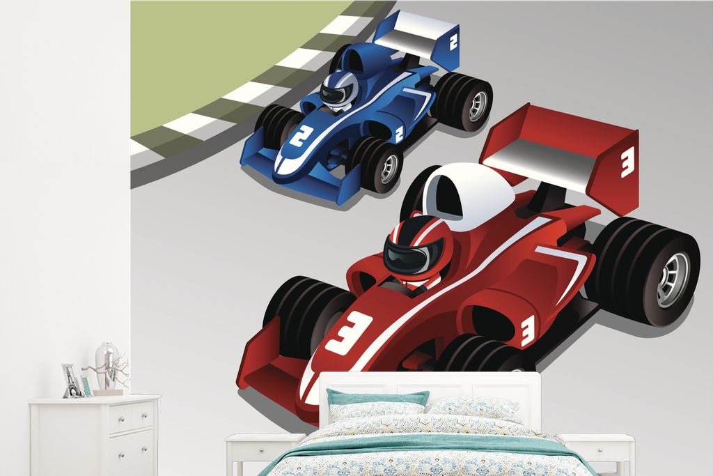 MuchoWow Fototapete für Wohnzimmer oder Schlafzimmer Wandtapete Vinyl Motivtapete Ein Rennen zwischen zwei Formel-1-Autos in einer Illustration ...